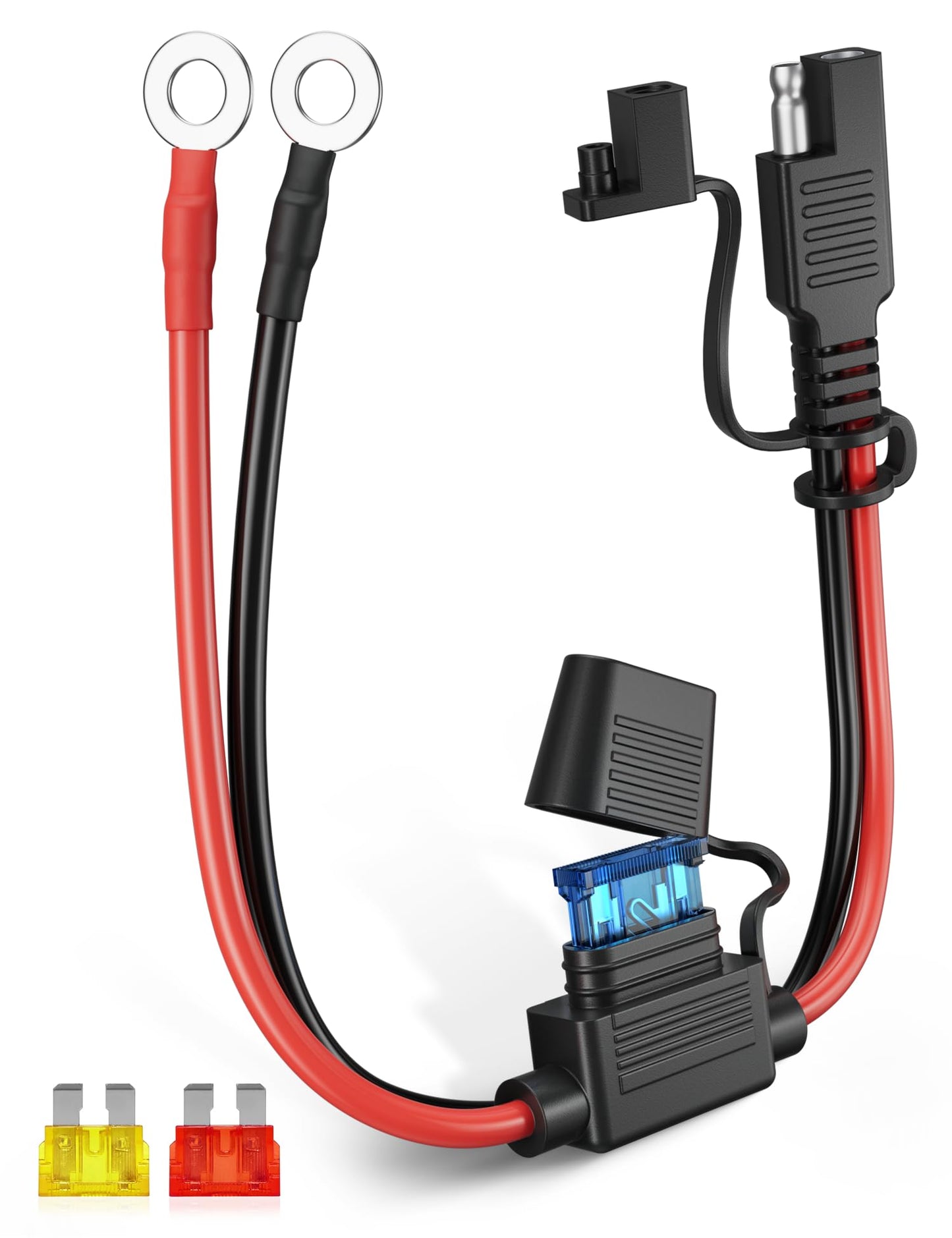 Oyviny 1.25FT 14AWG Motorcycle Battery Charger Cord, SAE to O-Ring Terminal Harness with 10A 15A 20A Fuses Protected UL Certifie
