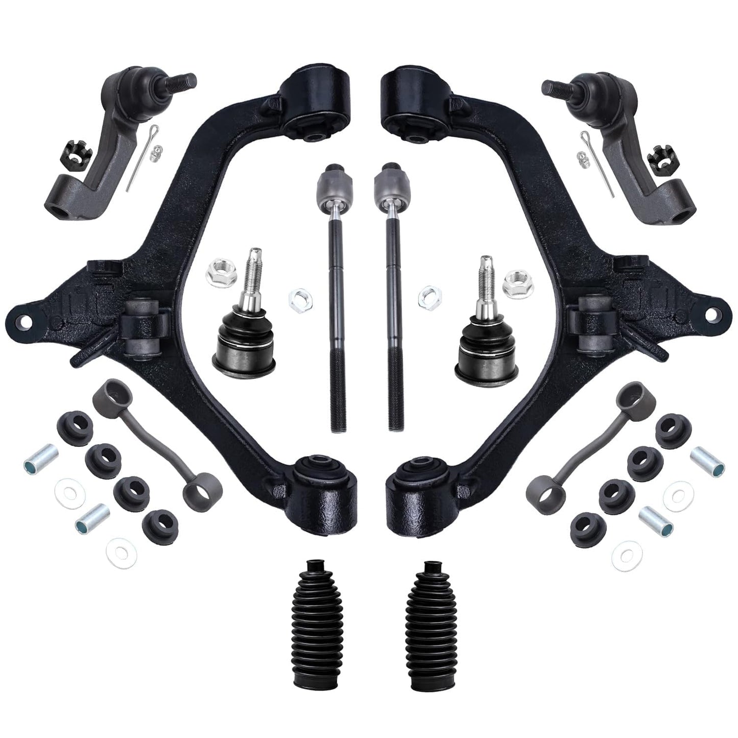 Detroit Axle - Front Lower Control Arms w/Ball Joints + Inner Outer Tie Rods & Boots + Sway Bar Links Replacement for 2002-04 Je