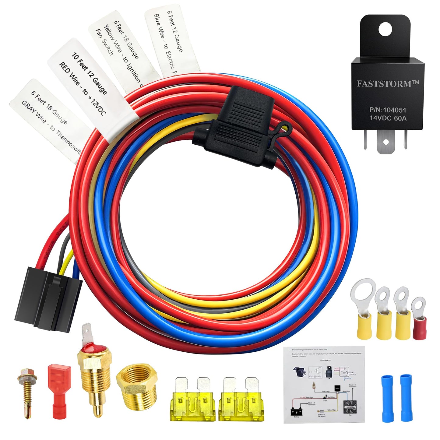 FASTSTORM Electric Fan Relay Kit 60 AMP Waterproof Relay Kit with Temperature Sensor Switch 200 On 185 Off
