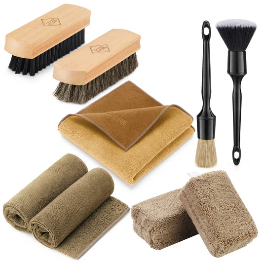Fantasticlean 9PC Car Detailing Kit,Boars Hair Brush,Horse Hair Bristle,Suede-Coral Cloth,Car Dust Brush,Microfiber Towel & Appl